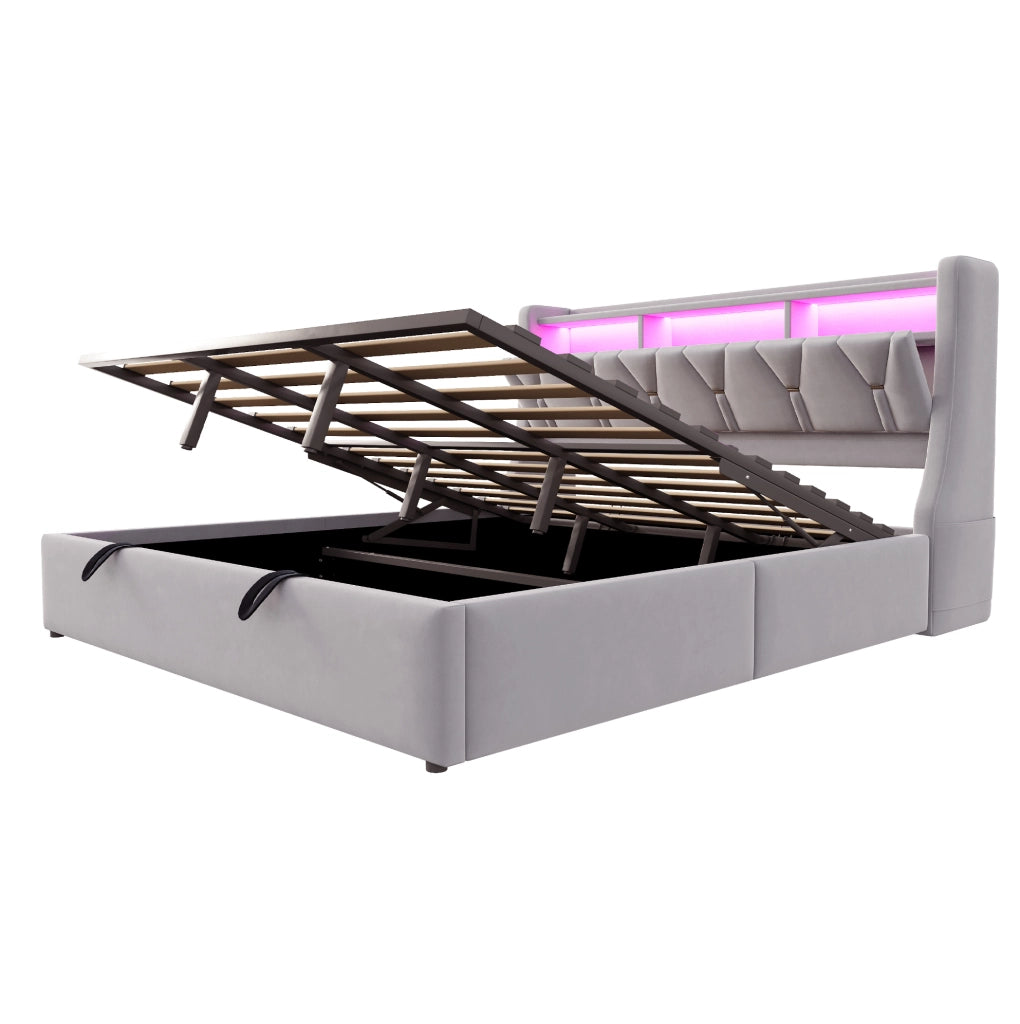Letto contenitore imbottito 180x200 cm con LED, prese e testiera con vano