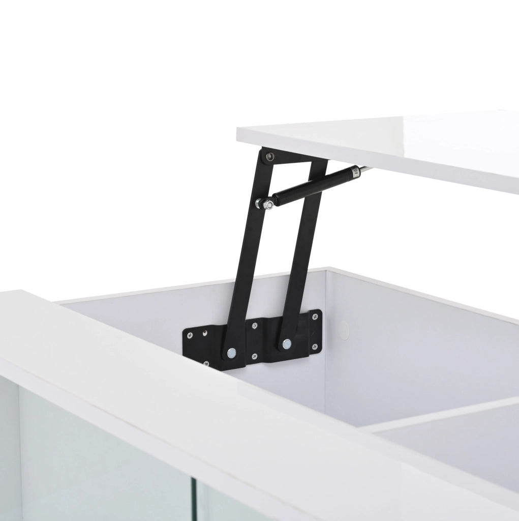 Tavolino da caffè sollevabile 105x50x43 cm con LED; contenitore e ante in vetro bianco