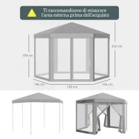 Gazebo da Giardino Esagonale con Doppio Ingresso, in Metallo e Poliestere, 3.9x3.9x2.5 m, Grigio