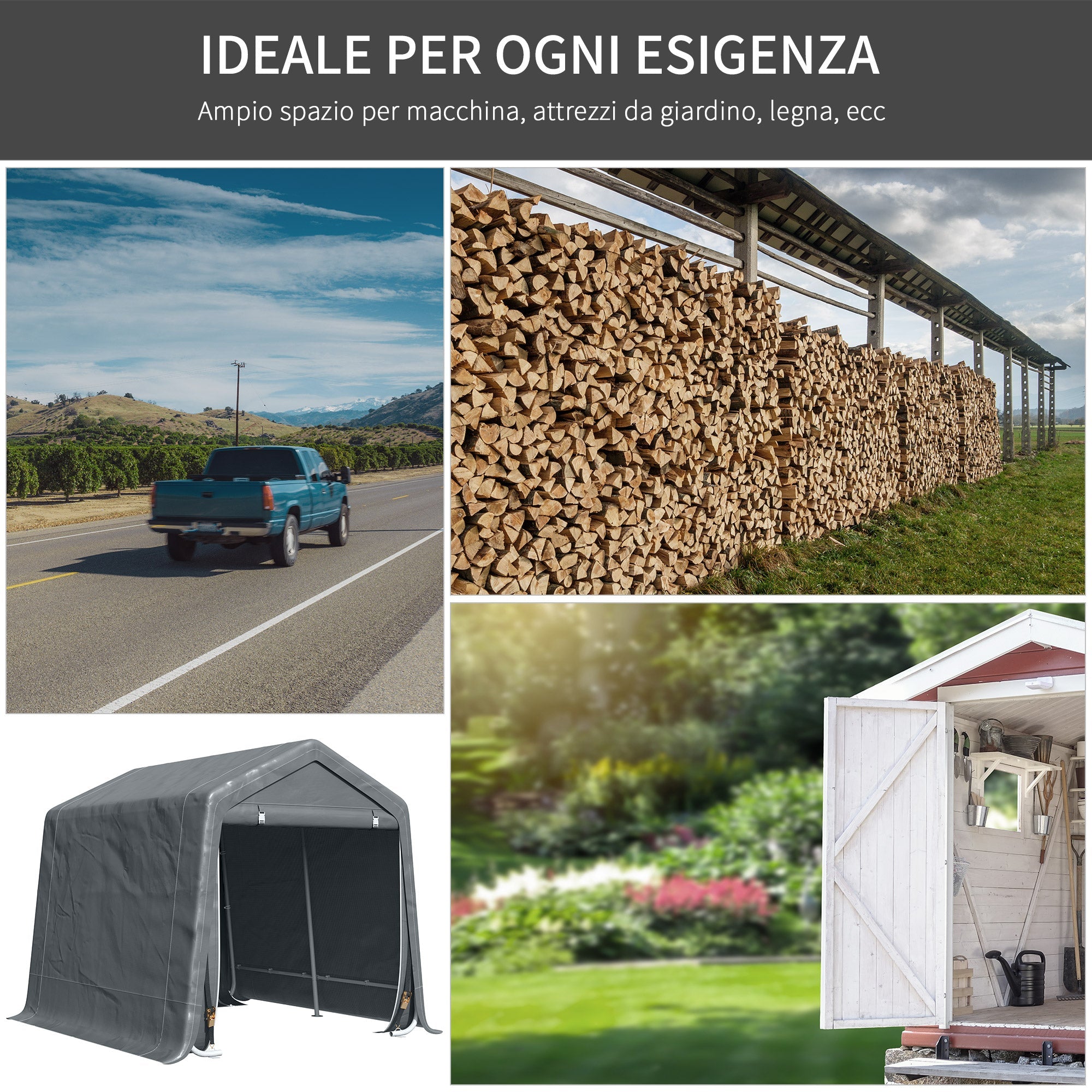 Tendone Garage per Auto Attrezzi 280x240x240 cm in Metallo e Tessuto Polietilene Grigio