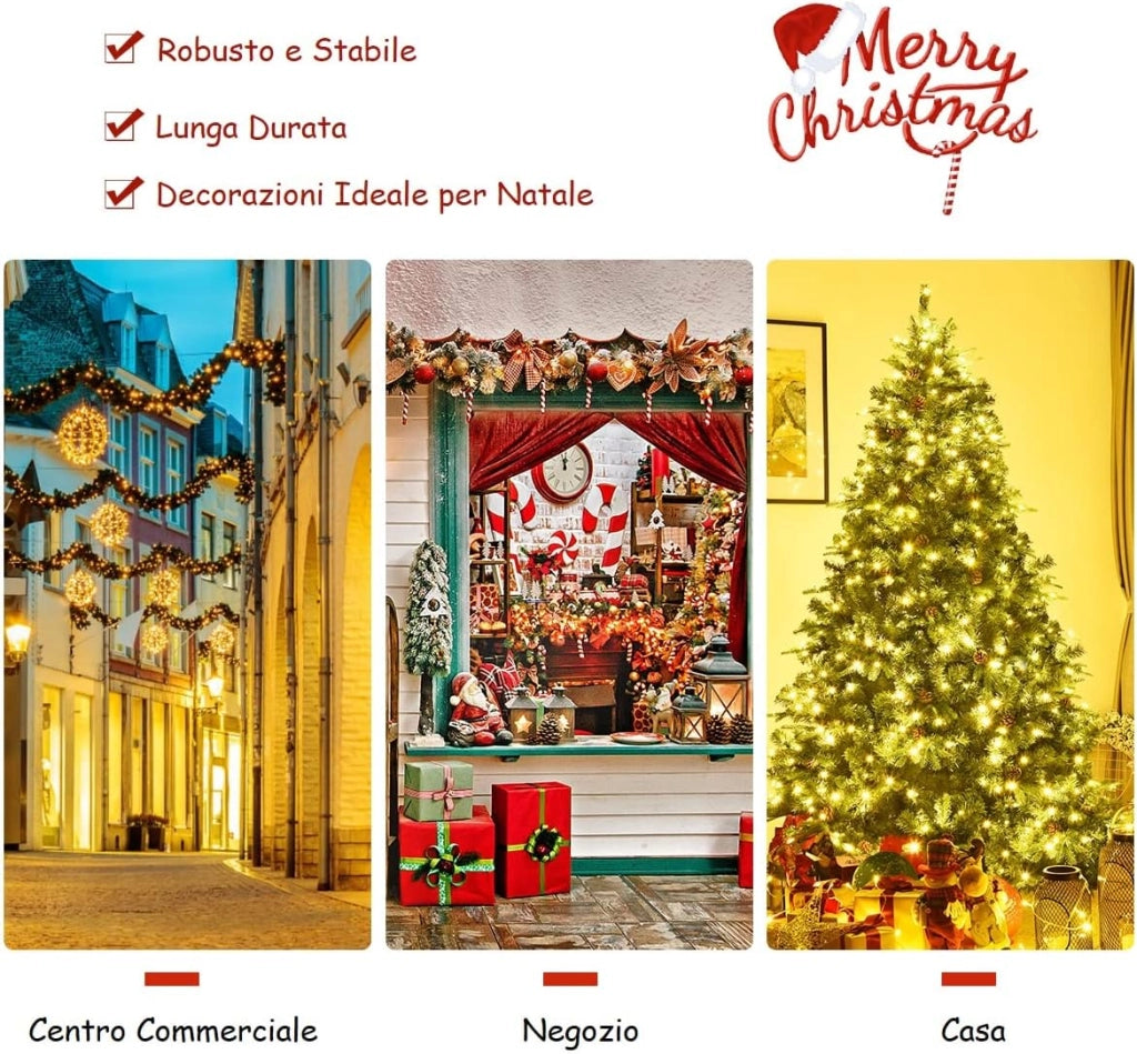 Albero di Natale 240 cm, Albero di Natale con 600 Luci a LED Bianco Caldo, 1335 Rami e Pigne, Decorazione Natalizia per Casa e Negozio (240cm)