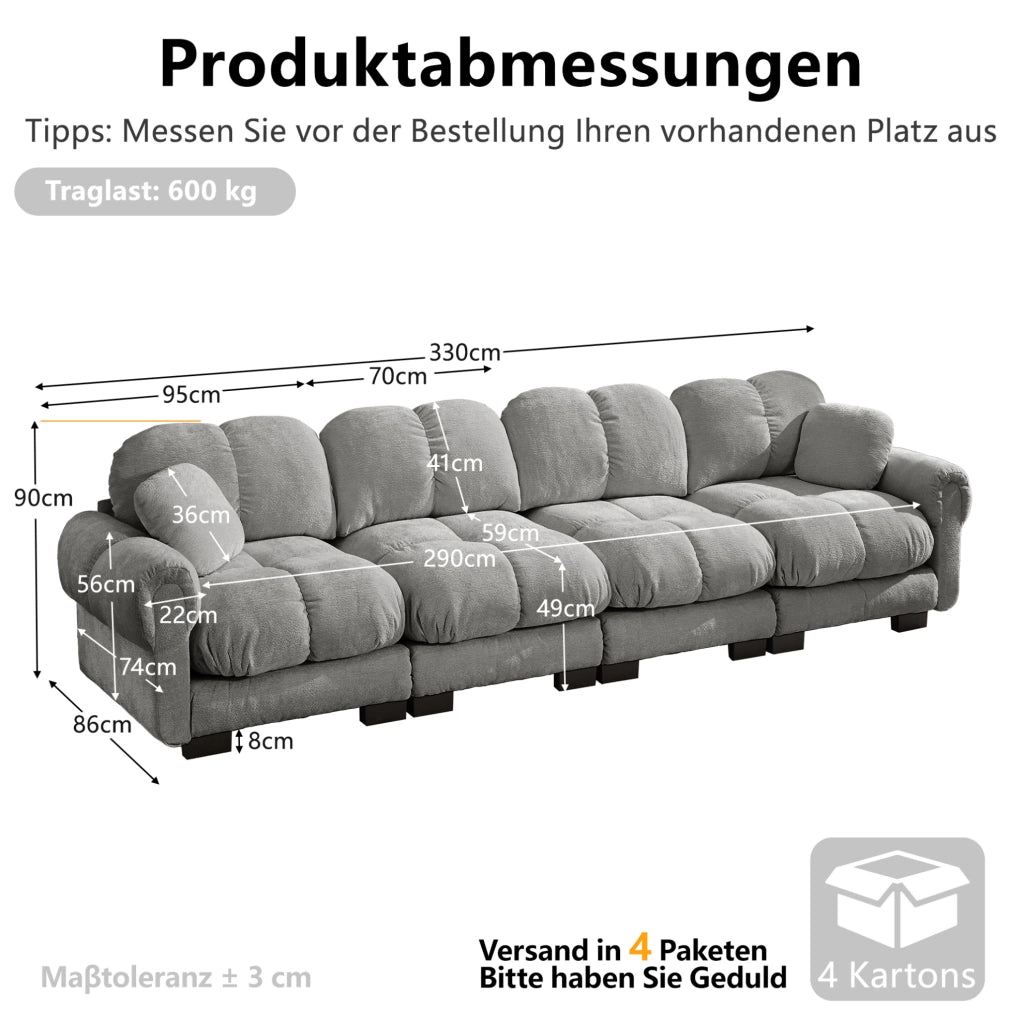 Divano modulare in chenille grigio chiaro 330 cm con cuscini seduta trapuntati