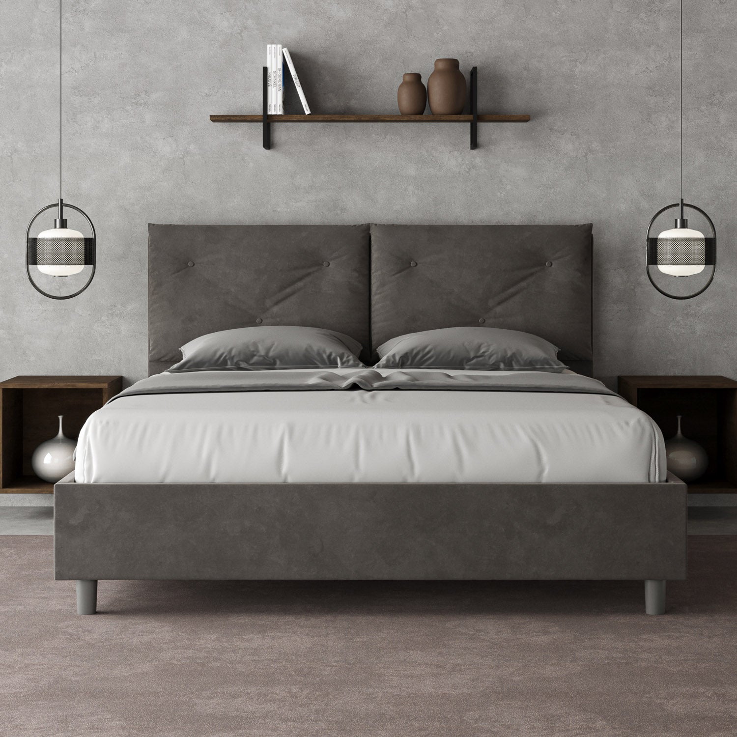 Letto Matrimoniale 160x190 cm con Rete e Contenitore Giroletto con Alzata Comoda Imbottito in Microfibra Appia Grigio