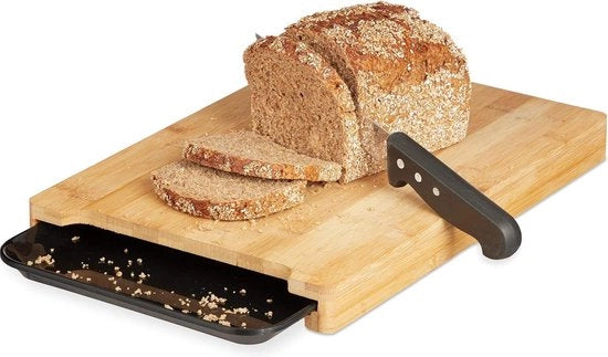 Piastra di taglio con cassetto di residui - tavolo da pane in bambù alto - cassetto in plastica - 3,5 x 38 x 26 cm - naturale