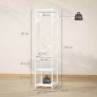 Appendiabiti da Terra 38,5x30x170 cm con Asta e 2 Ripiani Aperti in Legno e Acciaio Bianco