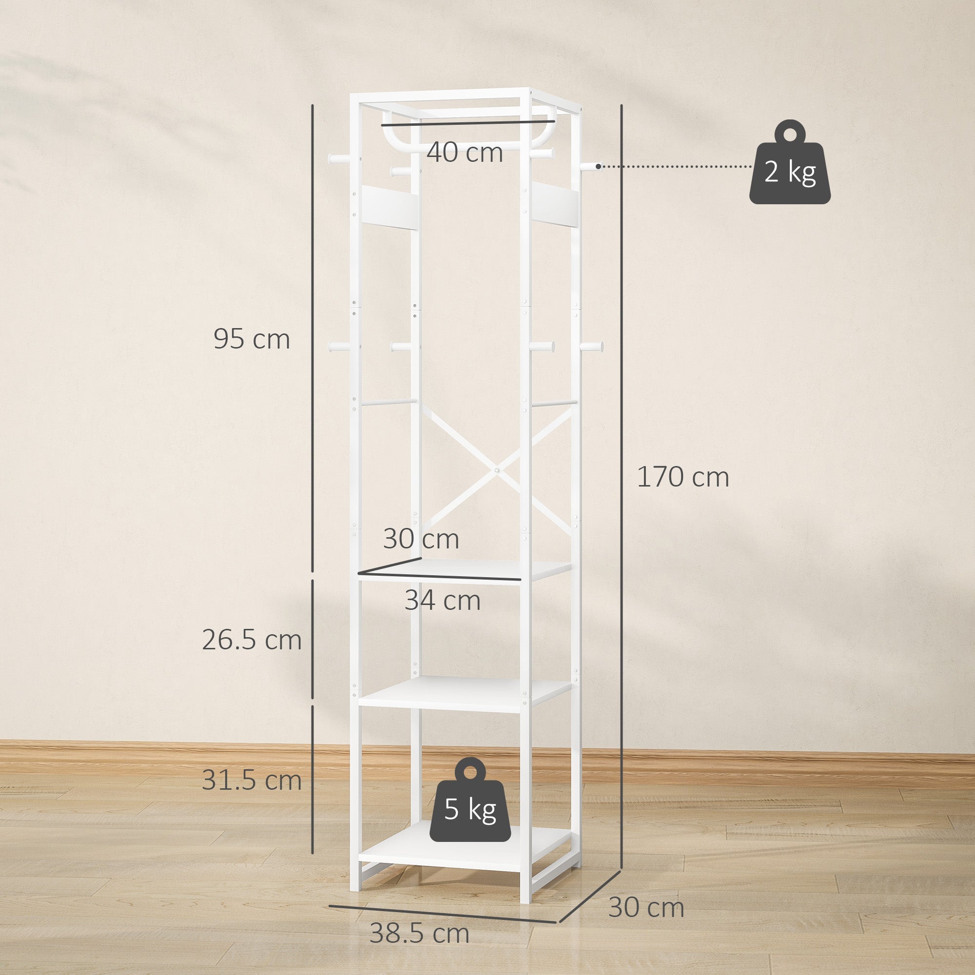 Appendiabiti da Terra 38,5x30x170 cm con Asta e 2 Ripiani Aperti in Legno e Acciaio Bianco