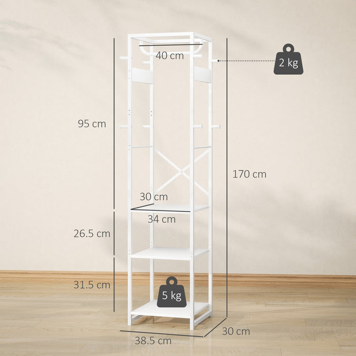 Appendiabiti da Terra 38,5x30x170 cm con Asta e 2 Ripiani Aperti in Legno e Acciaio Bianco