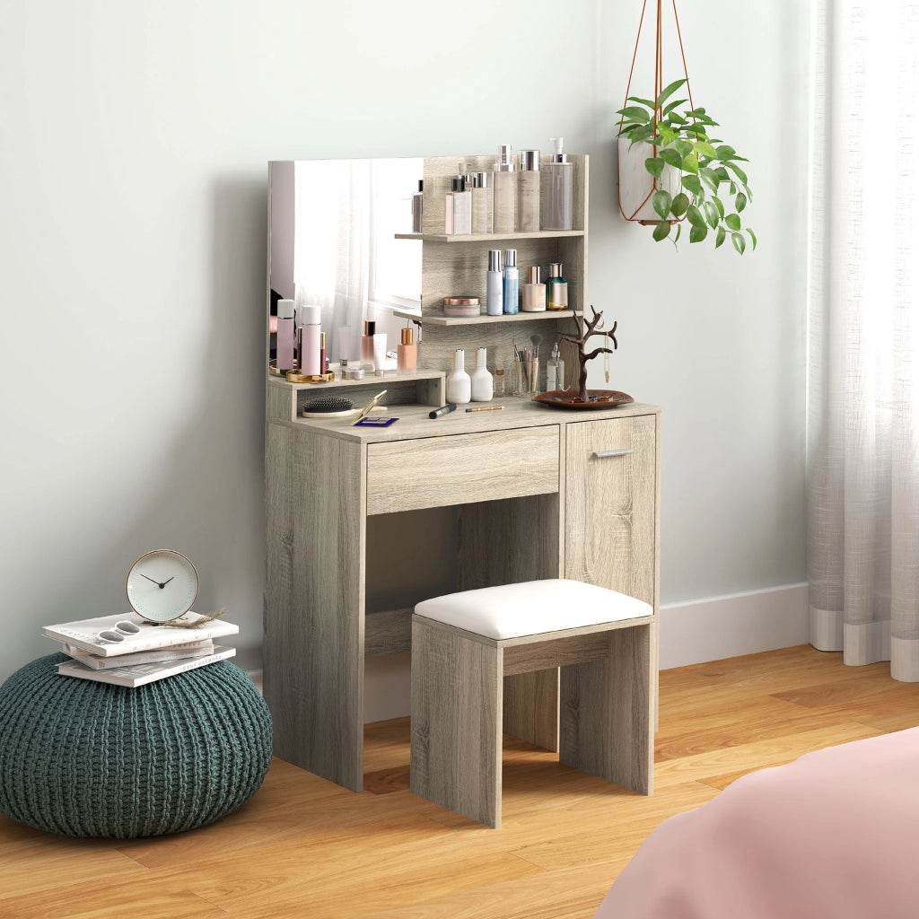 Cassettiera per trucco con specchio e sgabello ¨C zephmum ¨C naturale e beige