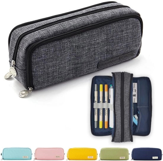 Etui multifunzionale ampio con 3 scomparti - Etui per scuola ragazzi e ragazze - Ufficio - astuccio per pennarelli - articoli scolastici - attrezzature scolastiche - zaino - astuccio per cavi - grigio