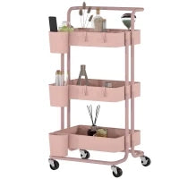 Carrello Ausiliario con Ruote Carro di Stoccaggio Multifunzionale con Ganci e Ceste Sospese 42x38x86,5 cm Rosa