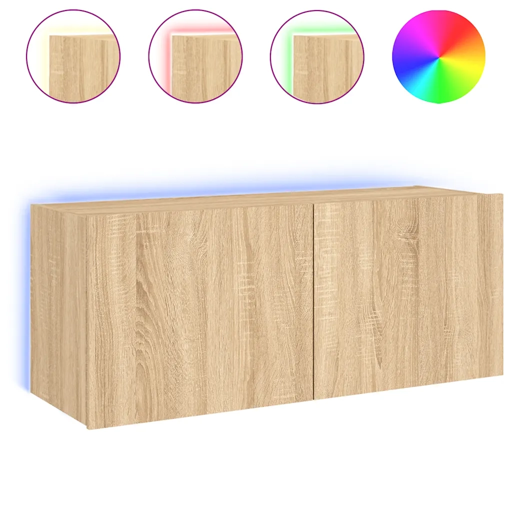 Mobile TV a Parete con Luci LED Rovere Sonoma 100x35x41 cm 837325