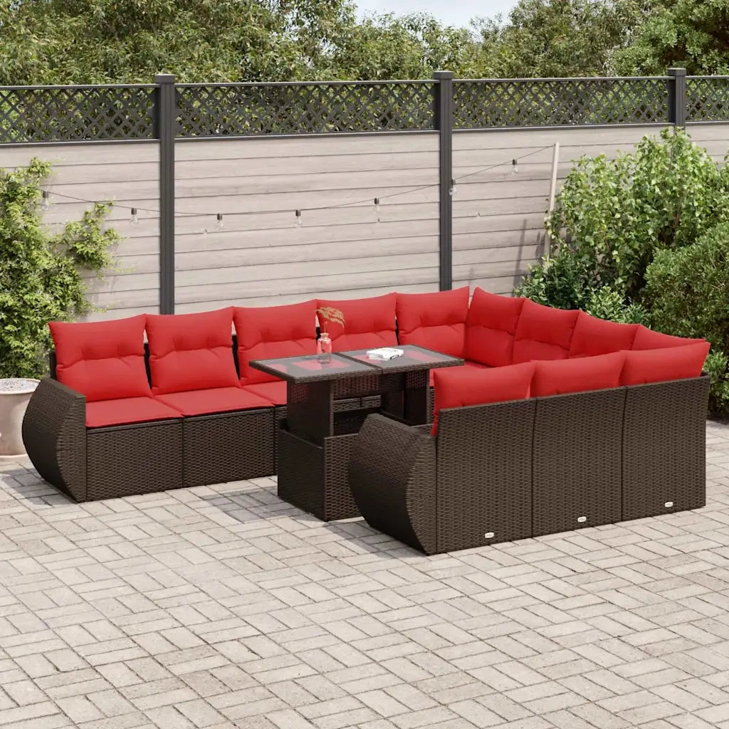 Set Divani Giardino 11 pz con Cuscini Polyrattan Marrone Acacia 3326715