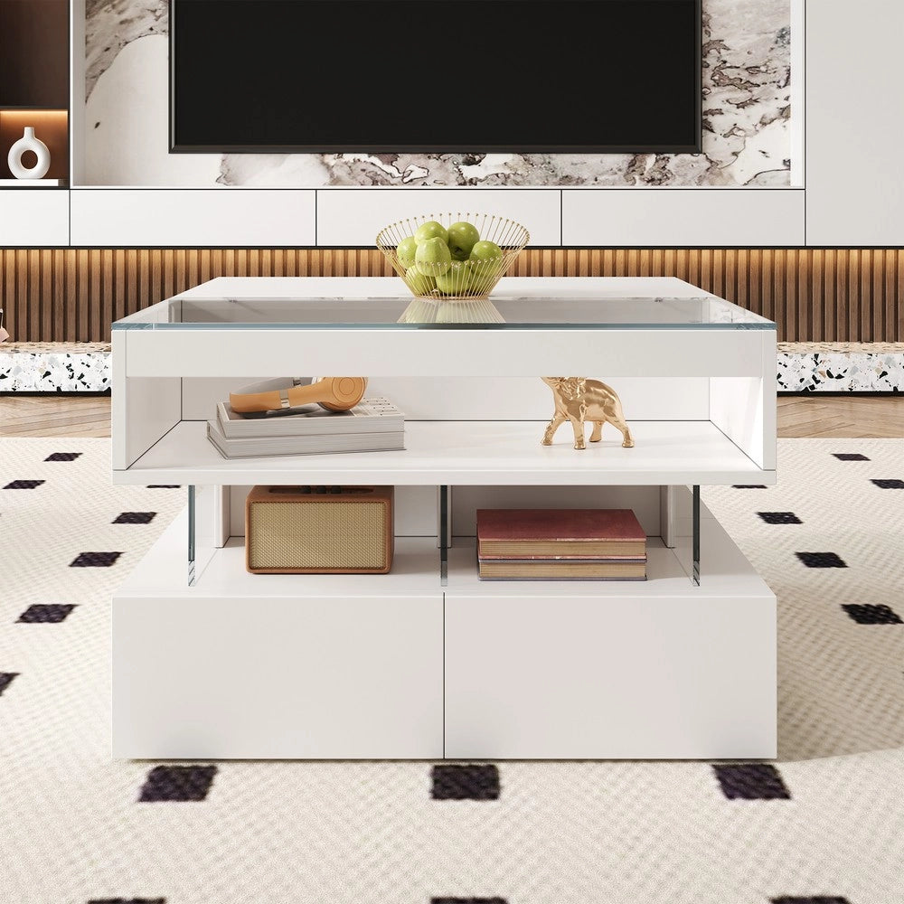 Tavolino da Salotto Regolabile ¨C MINIMAL ¨C Vetro Temperato, Luce LED 16 Colori, Struttura Acrilica
