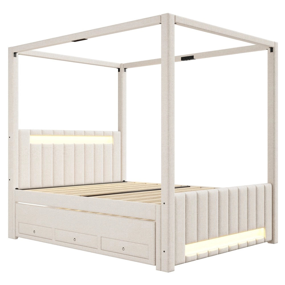 Letto Imbottito con Letto Estraibile, Cassetti e LED ¨C Xylo ¨C Beige 140x200 cm