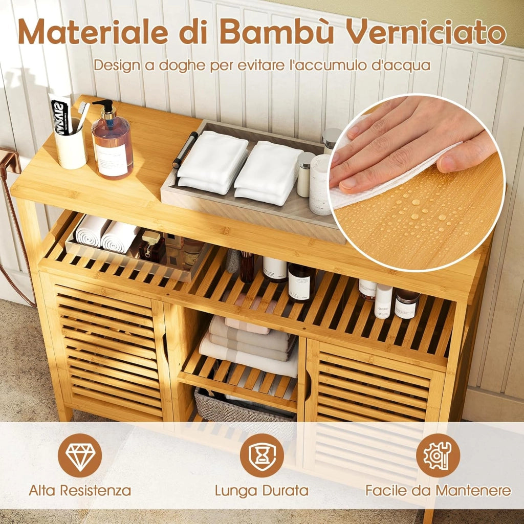Armadietto da Bagno in Bambù, Organizzatore a 2 Ante con Scaffali, Unità di Stoccaggio Indipendente, Arredamento Domestico a Doghe per Soggiorno, Ingresso, Cucina e Sala da Pranzo