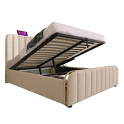 Letto contenitore matrimoniale 140×200 cm con USB e Type-C; rete sollevabile; materasso incluso; lino beige