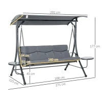 Dondolo da Giardino a 3 Posti , Dondolo da Esterno con Tettuccio Regolabile e 2 Tavolini, Grigio 271x125x177cm