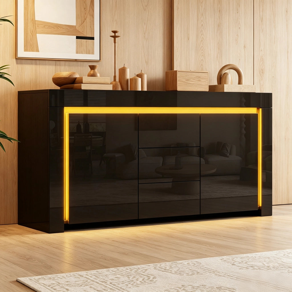 Sideboard moderno nero 140 x 40 x 65 cm con 2 ante, 3 cassetti, LED e finitura lucida