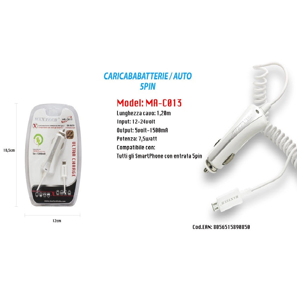 Trade Shop - Caricatore Usb Ricarica Caricabatteria Smartphone 5pin 5v-1500ma Da Auto Maxtech Ma-c013 -