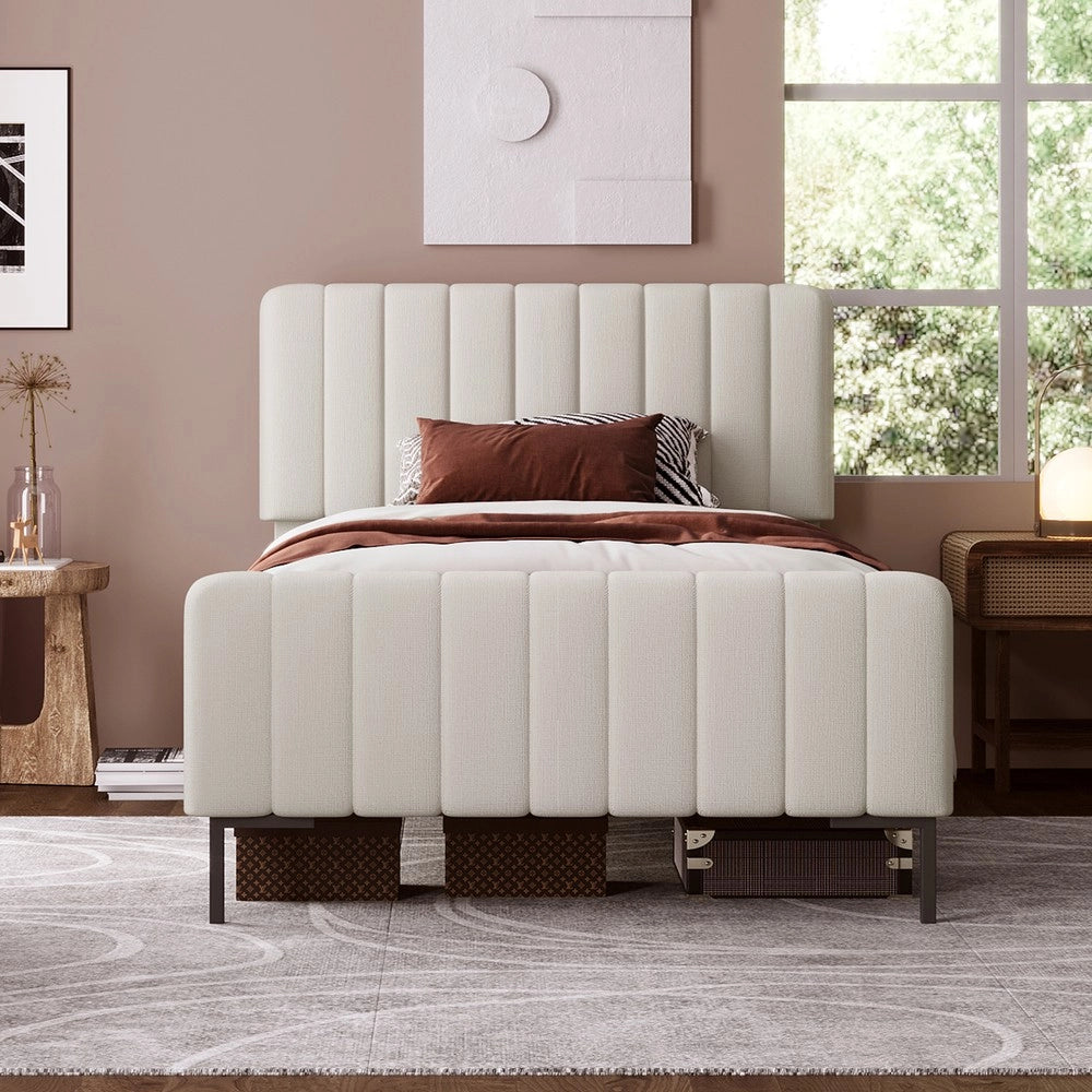 Letto Singolo Imbottito con Testiera Regolabile ¨C MINIMAL ¨C Grigio Beige, Tessuto Lino, 90x200