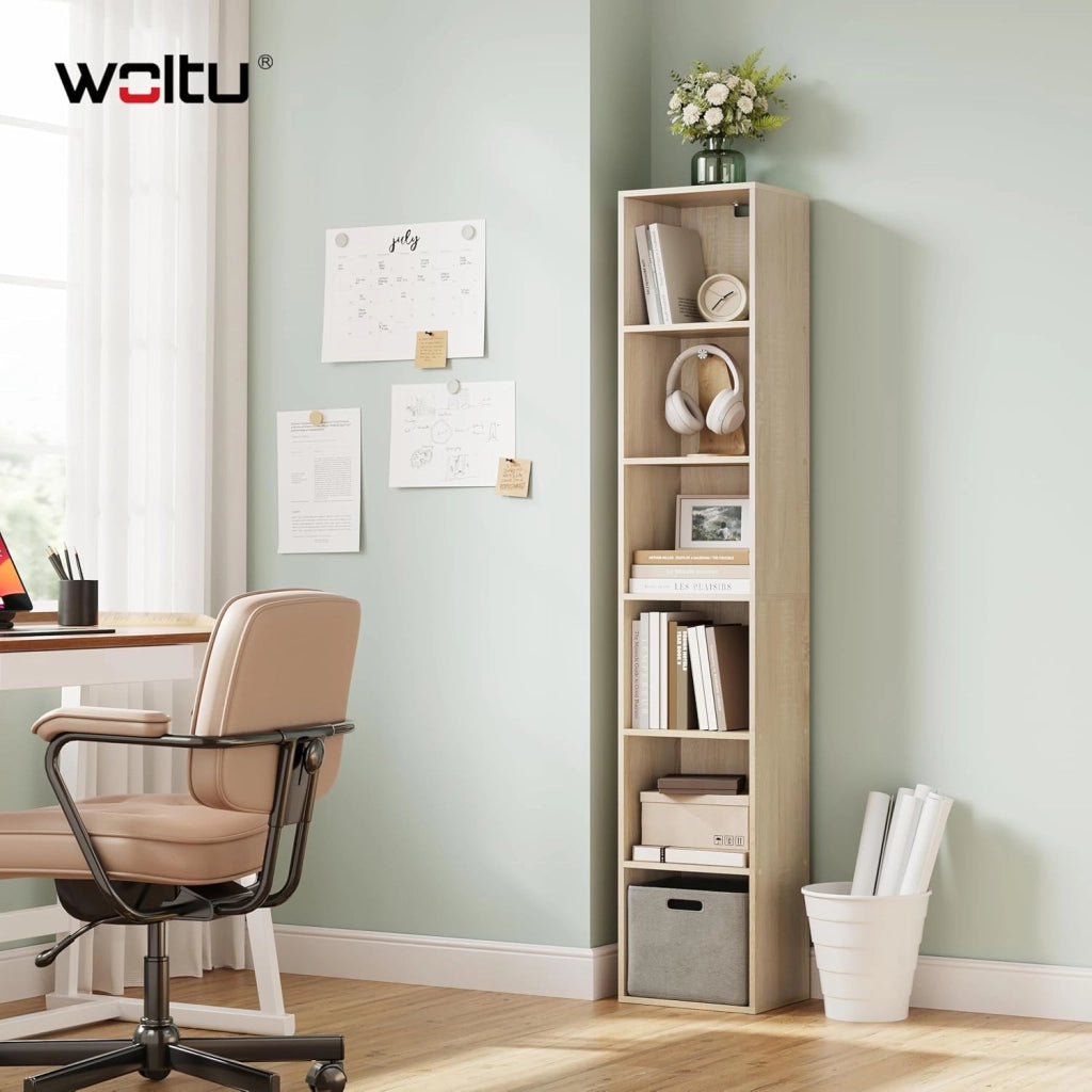 Libreria Verticale 6 Scompartimenti Scaffale per Libri Mobiletto in Legno per Soggiorno Moderno Legno Chiaro 30x24x158,5 cm SK003hei6