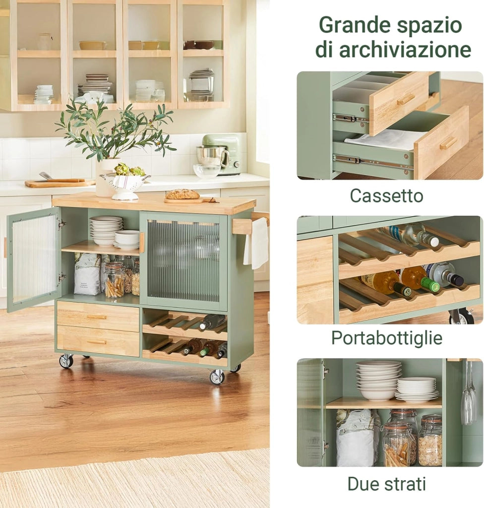 Carrello da Cucina con Ruote Isola Cucina con Piano di Lavoro in Legno Carrello Salvaspazio per Sala da Pranzo Verde e Naturale 109 × 40 × 92 cm FKW114-GR