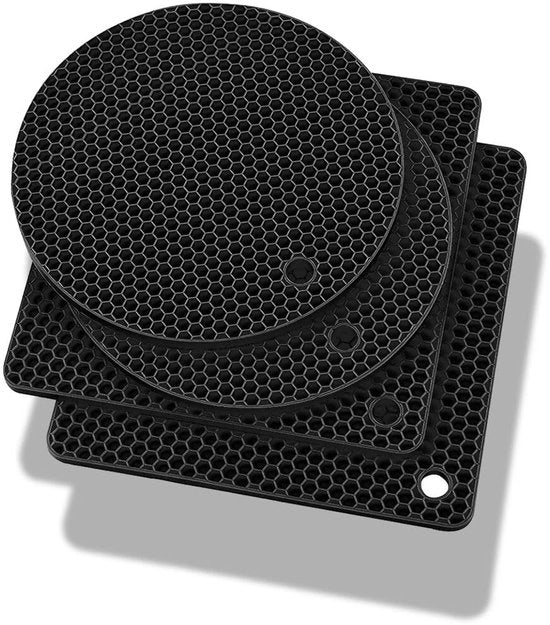Set di 4 sottopiani in silicone neri, sottopiani per padelle, antiscivolo, sottopiani per cucina per padelle, resistente al calore, 2 motivi a reticolo circolare e 2 quadrati per teglie e piatti