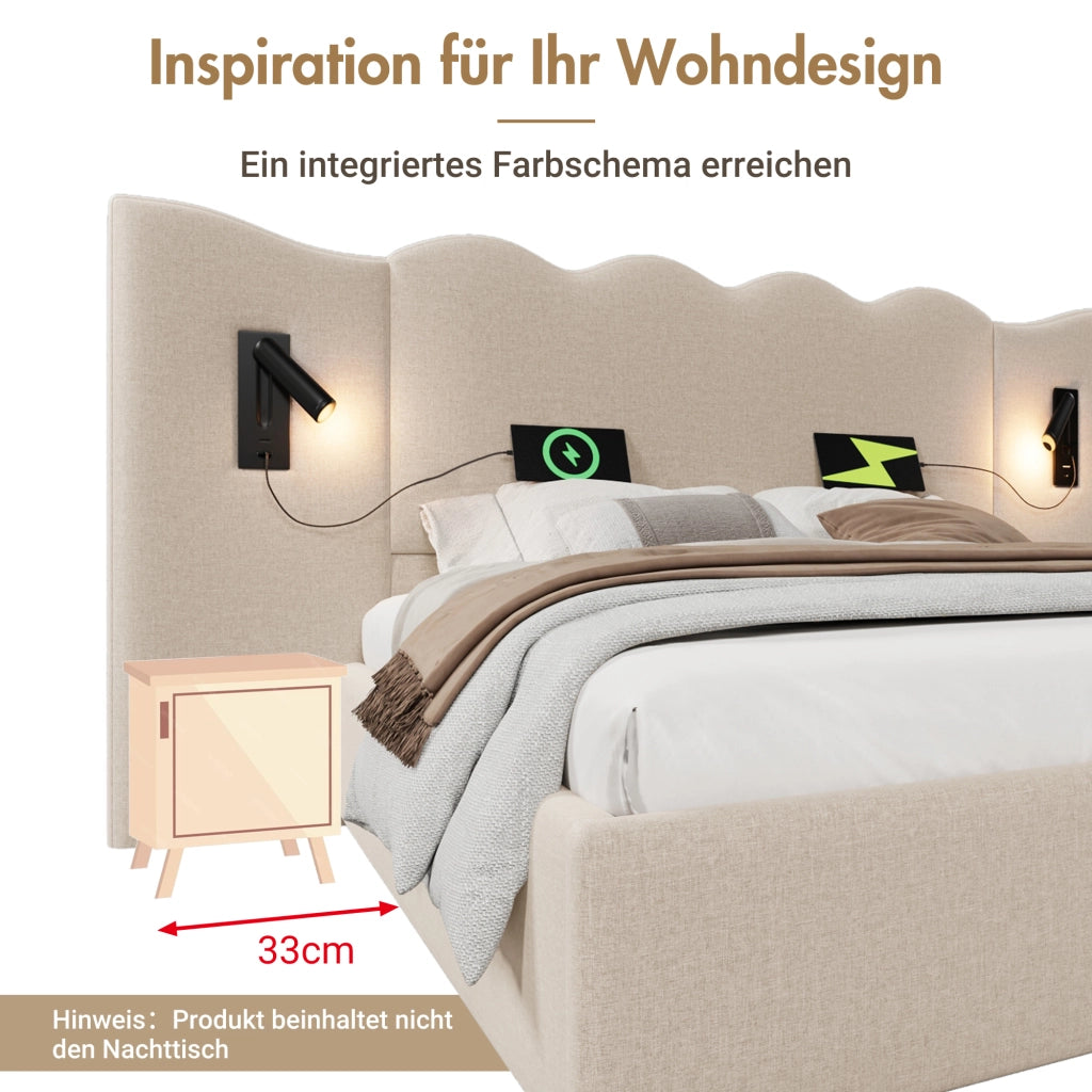 Letto matrimoniale – 160x200 cm – luce USBC contenitore – lino beige