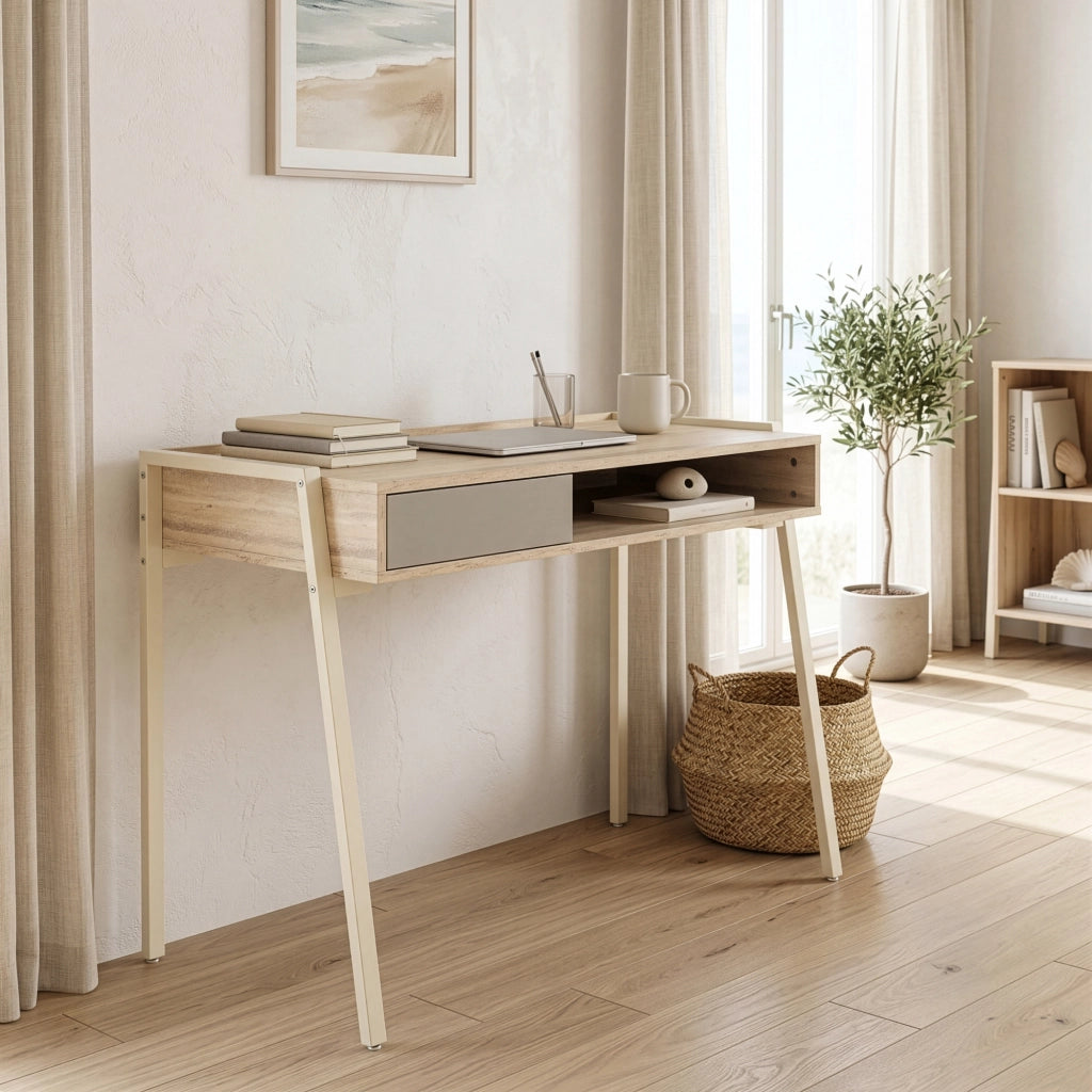 Scrivania Boderas con Vano Aperto e Cassetto 107 x 55 x 78 cm Beige / Travertino [en.casa]