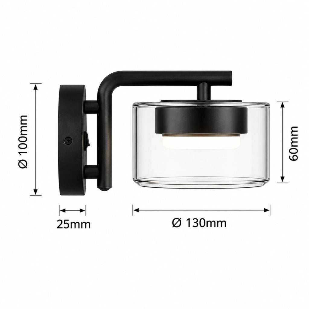 Applique LED GX53 12W da Parete con Interruttore CCT 3000K-6500K Lampada Moderna in Metallo Nero e Vetro per Camera