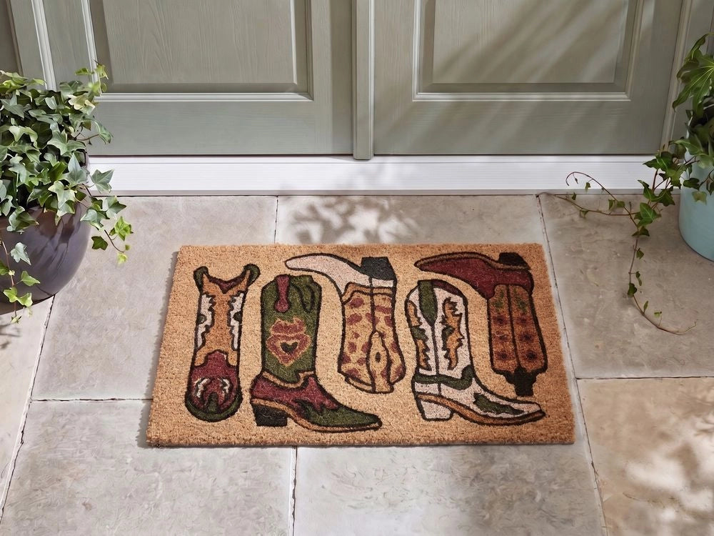 Zerbino di benvenuto in fibra di cocco antiscivolo 40 x 60 cm con retro in PVC stampa di stivali da cowboy naturale