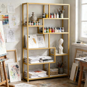 Libreria a 8 ripiani 100x20x180 cm bianca e oro, struttura metallica