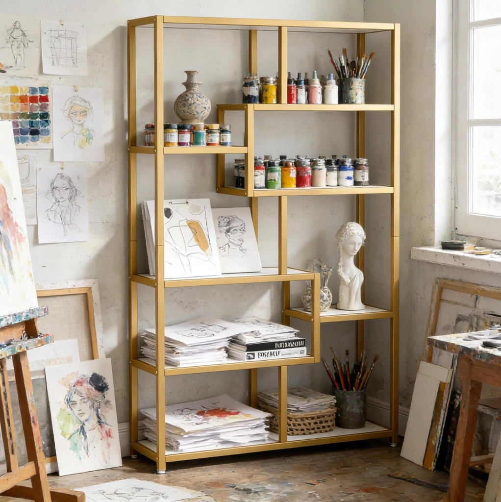 Libreria a 8 ripiani 100x20x180 cm bianca e oro, struttura metallica