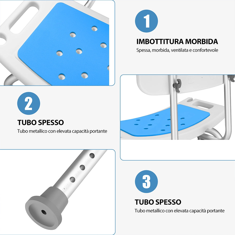 Sedia da Doccia con Schienale per Anziani Disabili Altezza Regolabile max 130 kg