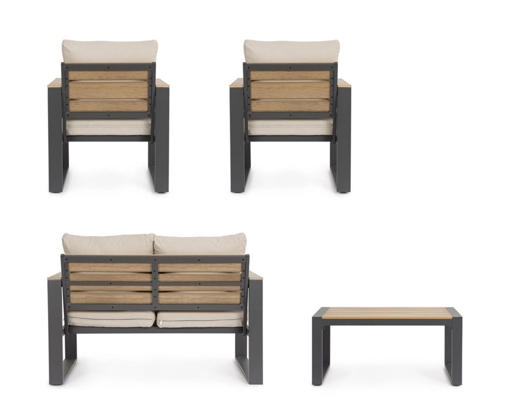 Set 4 Pezzi Salotto da Giardino con Divano 2 Poltrone e Tavolino in Alluminio e Polywood Leandro Antracite e Beige