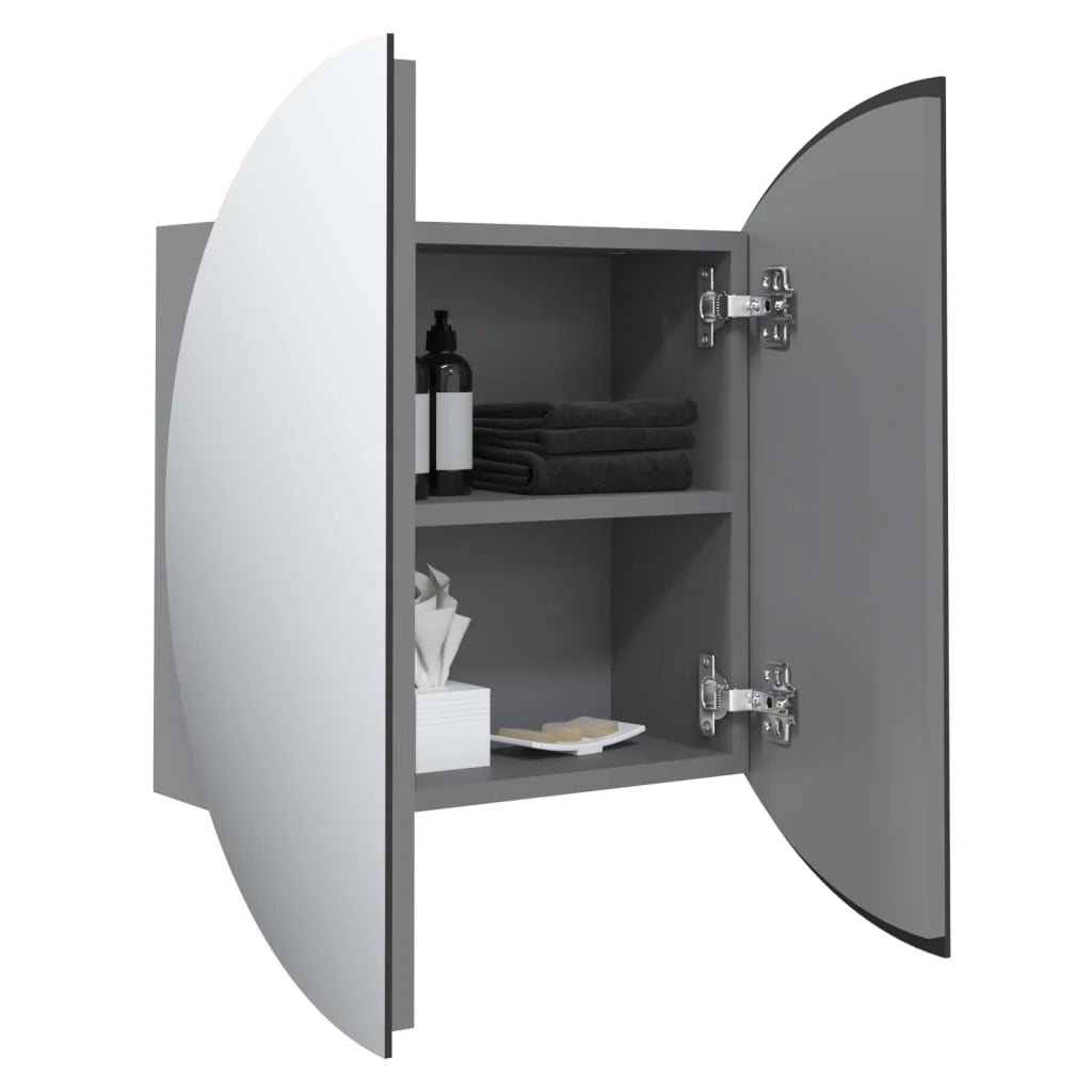 Mobiletto da bagno rotondo con specchio e illuminazione a LED 40 x 40 x 17,5 cm grigio 02_0006559