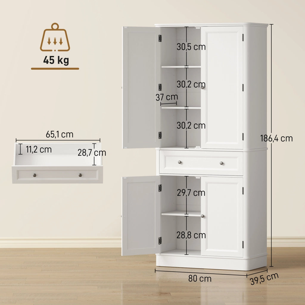 Armadio Cucina con 4 Ante, Cassetto e Ripiani Regolabili ¨C Xylo ¨C 80x39.5x186.4 cm Bianco