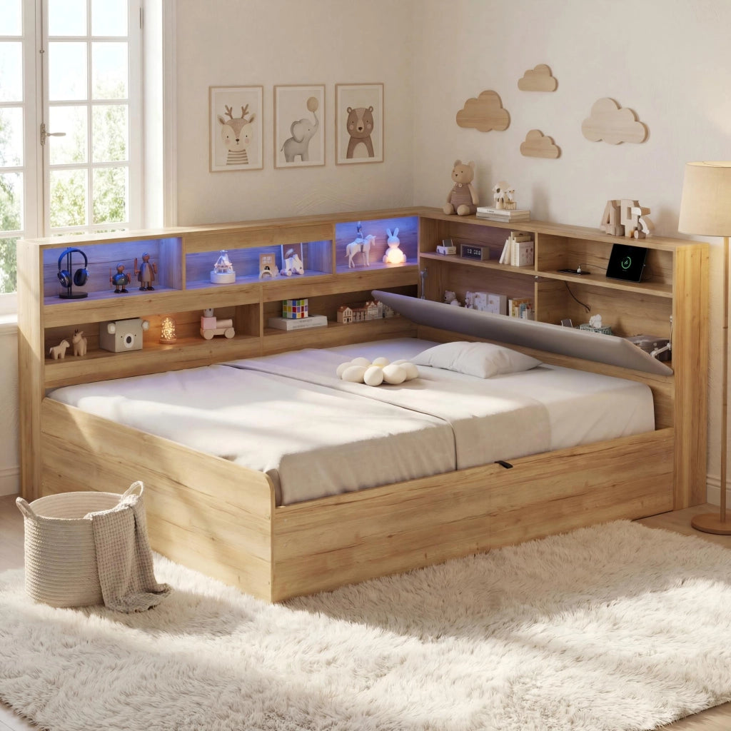 Letto Contenitore con LED e USB ¨C MINIMAL ¨C 140x200, Legno Naturale