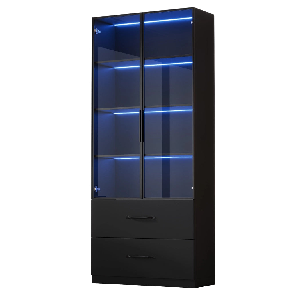 Vetrina LED modulare con ante in vetro, ripiani aperti e cassetti, per soggiorno e cucina, nero, 140 × 40 × 160 cm