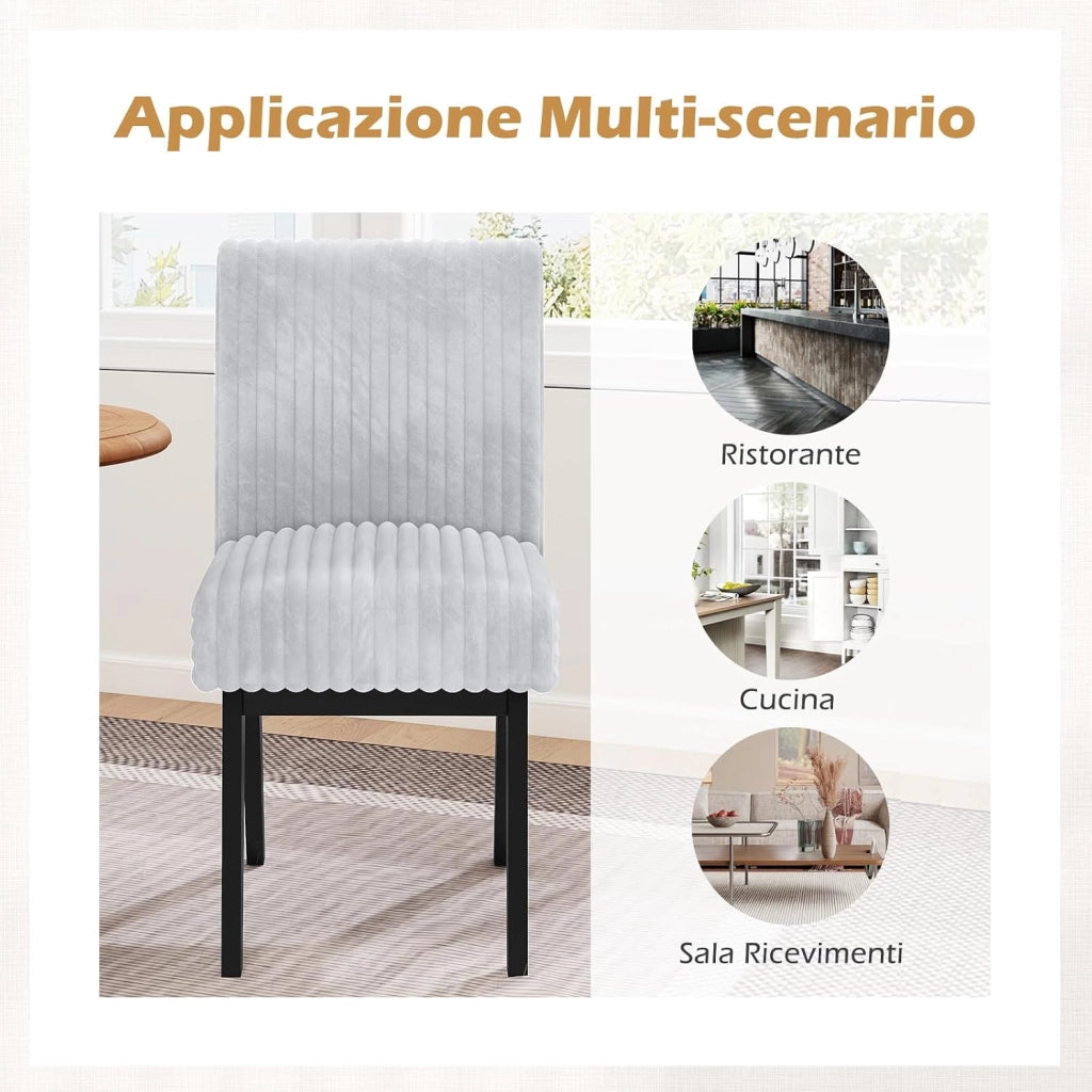 Set di 2 Sedie da Pranzo, Sedie da Cucina in Tessuto con Seduta Imbottita, Gambe in Legno di Gomma e Schienale Capitonné a Canali, Sgabelli Senza Braccioli per Soggiorno e Sala da Pranzo