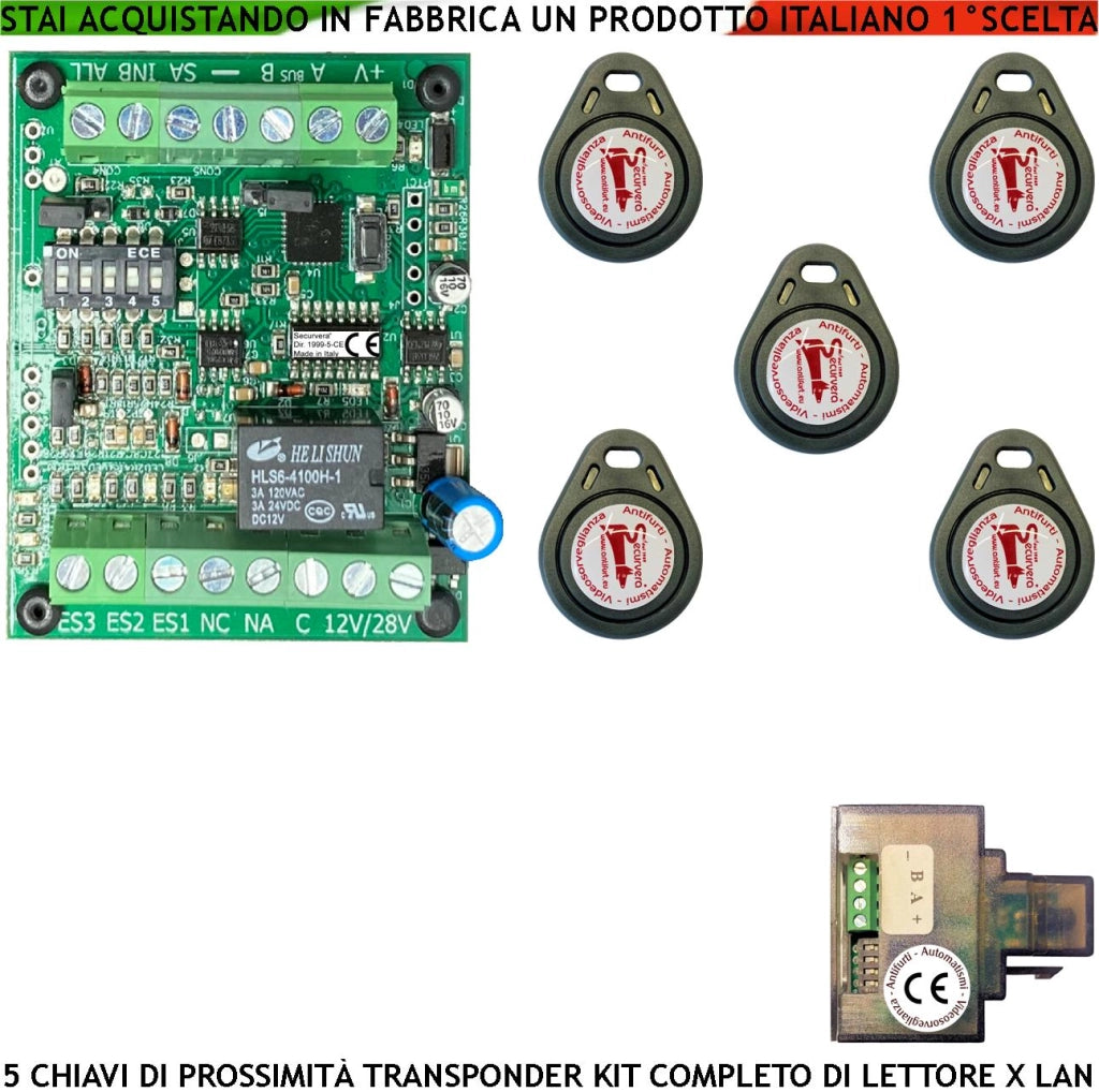 Chiave di Prossimità 5 Trasponder TAG Lettore Modulo LAN Universale 501 RJ45 Alimentazione 12/24 Vac Relè Contatto Libero C.NC.NA 2 A 24 V Funzione Impulsiva o Stabile Segnale di Stato Con 4 Led GRVB
