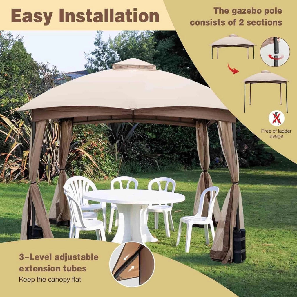 Gazebo per Esterno 3 x 3 m in Tessuto in Poliestere Resistente a Sole e Pioggia, Tendone a Tetto con Rete e Sacchi di Sabbia, Tendone a Tetto per Feste e Campeggio da Giardino, Balcone Cachi