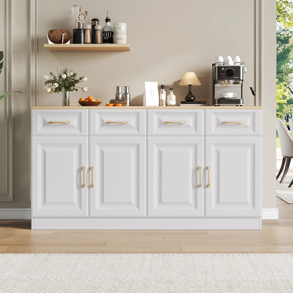 Credenza con 4 ante; 4 cassetti e ripiani regolabili - per cucina - in truciolare - 140×40×75 cm - bianco e rovere