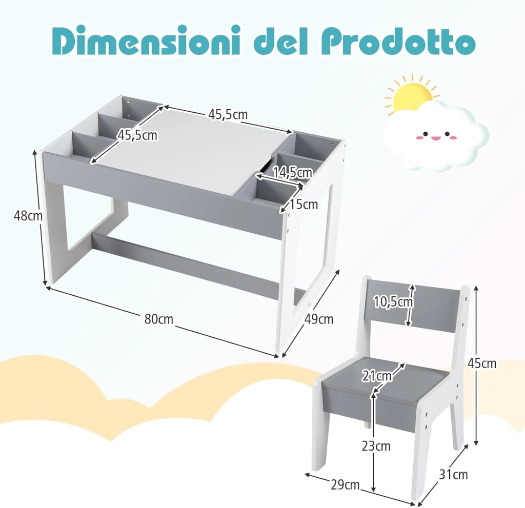 Set Tavolo Multifunzionale per Bambini e 2 Sedie, Tavolo e Sedie in Legno con Piano Doppio Rimovibile, Lavagna Nera & Lavagna Bianca, Compartimenti Laterali con Divisori Staccabili (Grigio)
