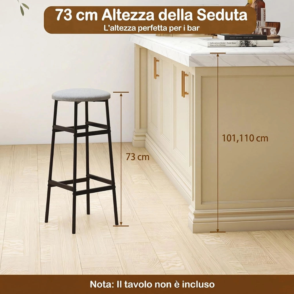 Set di 2 Sgabelli Alti Rotondi da Bar (Grigio) | Sgabelli con Seduta Imbottita, Pioggiapiedi Ergonomico, Portata 150 kg per Cucina e Sala da Pranzo, 33,5 x 33,5 x 73 cm