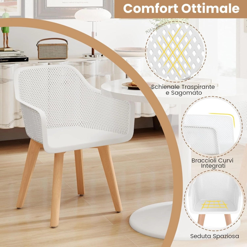 Set di 2 Sedie da Pranzo Moderne, Sedie in Plastica con Gambe in Legno, Schienale Traforato Traspirante e Seduta Ampia, Portata 150 kg, Ideale per Sala da Pranzo, Caffè e Soggiorno