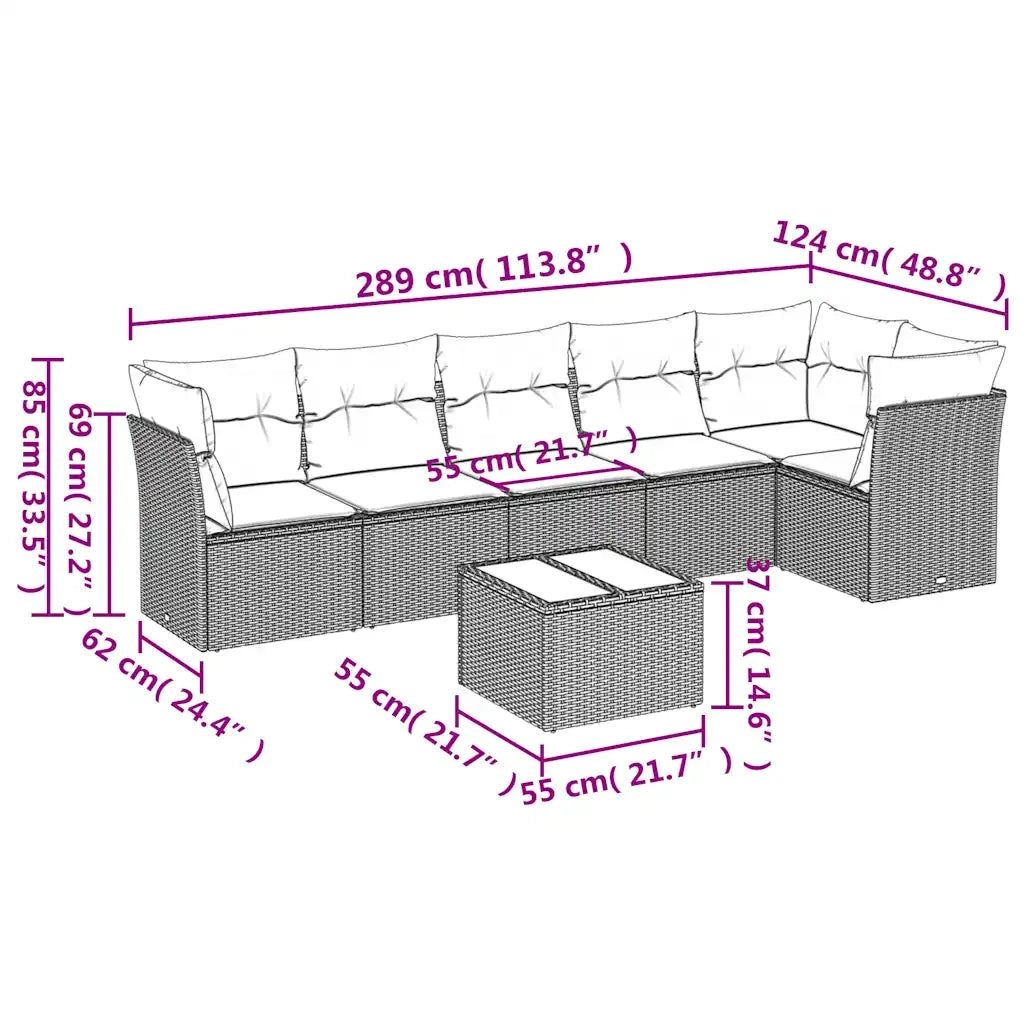 Set Divano da Giardino 7pz con Cuscini Marrone in Polyrattan