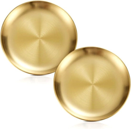 Due pezzi di servizio a forma rotonda in acciaio inox con piatto da dessert in acciaio inox per camping, cucina, festa (oro, 17 cm)