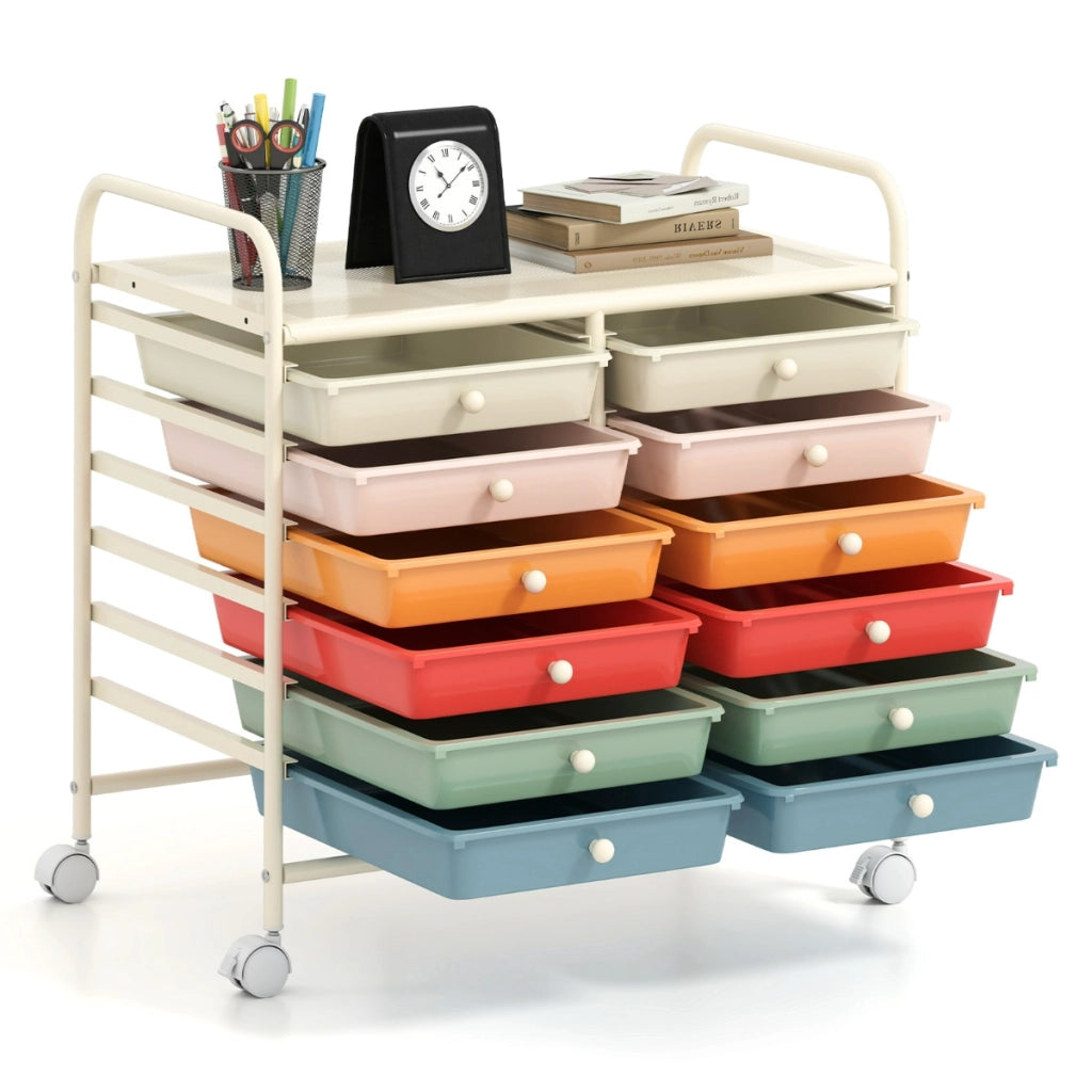 Carrello portaoggetti con 12 cassetti e ampio piano di lavoro, Cassettiera con 4 ruote per soggiorno e cucina Macaron-Carrelli