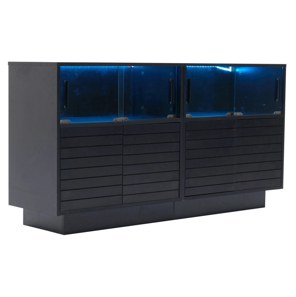 Credenza 130x35x68 cm con LED e ante scorrevoli in vetro; truciolato e vetro temperato nero